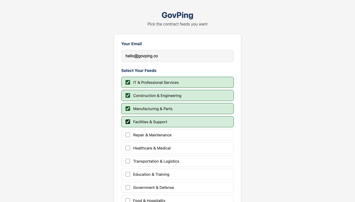 GovPing feed settings